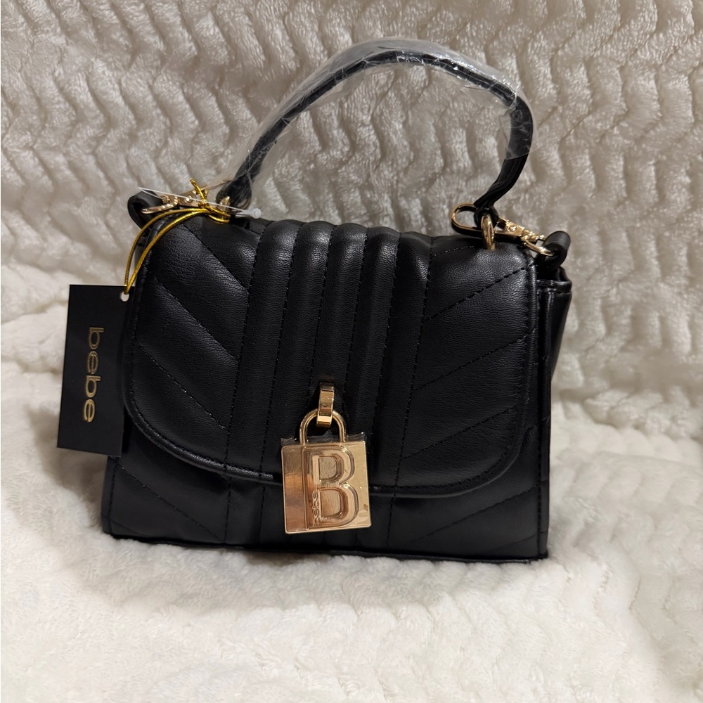 Bebe Black Satchel with Gold Accents